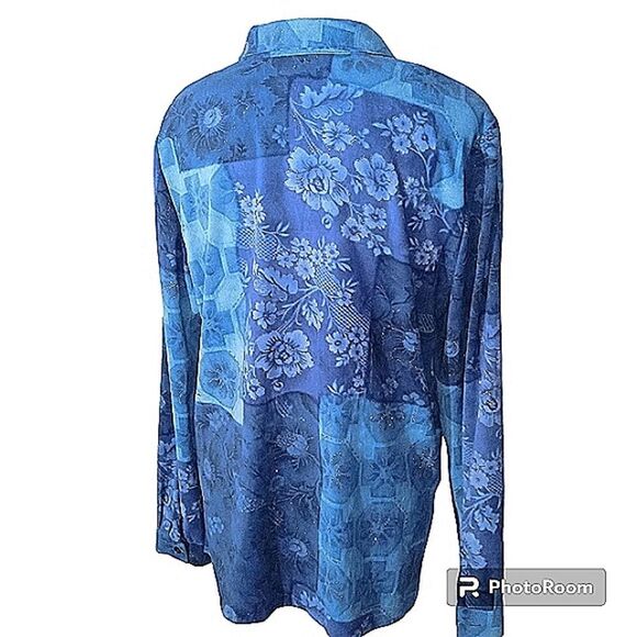 Beautiful Vintage Koret Cobalt  Blue Floral  Button Down Shirt Size 12 - Picture 2 of 3